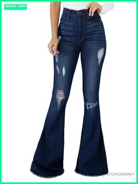 Women High Waisted Ripped Bell Bottom Flare Jeans Denim